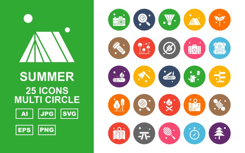 Download Набор иконок "25 Premium Summer Multi Circle Icon Pack Set" / 25 Premium Summer Multi Circle Icon Pack Set - Набор иконок на тему maps camera,axe,location,rope,map,outdoor,racket,gps,tree,find,shuttlecock,tent,hotdog,flashlight,fire,first aid,backpack,fire wood,icon,icons