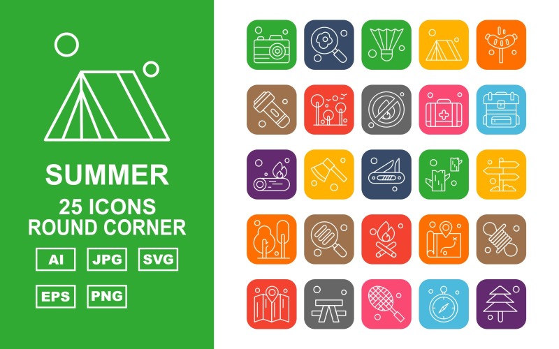 Download Набор иконок "25 Premium Summer Round Corner Icon Pack Set" / 25 Premium Summer Round Corner Icon Pack Set - Набор иконок на тему maps camera,axe,location,rope,map,outdoor,racket,gps,tree,find,shuttlecock,tent,hotdog,flashlight,fire,first aid,backpack,fire wood,icon,icons