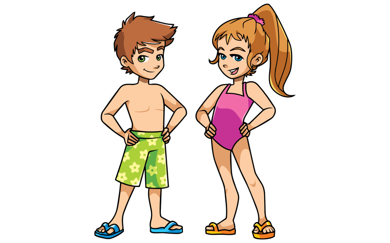Download Иллюстрация "Beach Kids on White - Illustration" / Beach Kids on White - Illustration - Иллюстрация на тему графика boy,girl,children,fun,kid,child,friend,best friends,twin,sibling,brother,sister,beach,pool,party,water park,swimsuit,water,sport,posing