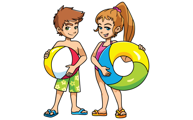 Download Иллюстрация "Beach Kids with Accessories - Illustration" / Beach Kids with Accessories - Illustration - Иллюстрация на тему графика boy,girl,children,fun,kid,child,friend,best friends,twin,sibling,brother,sister,beach,pool,party,water park,swimsuit,swim ring,ball,beach ball