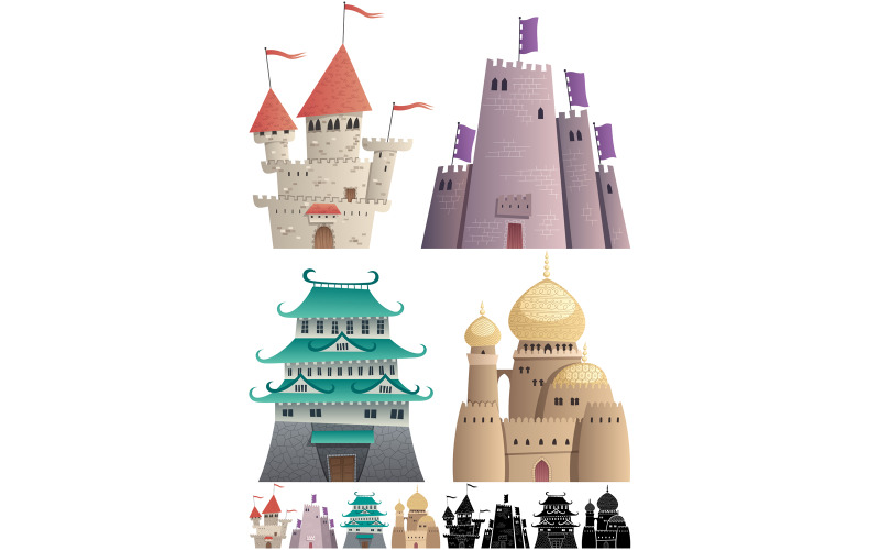 Download Иллюстрация "Cartoon Castles on White - Illustration" / Cartoon Castles on White - Illustration - Иллюстрация на тему графика castle,stronghold,fort,palace,set,pack,group,collection,tower,flag,gate,stone,medieval,middle ages,dark ages,fantasy,fairy tale,fairy,tale,fable