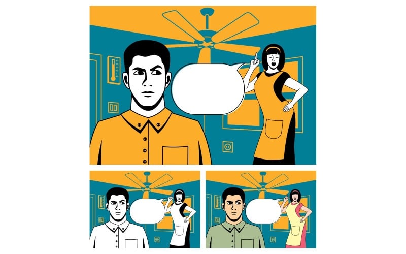 Download Иллюстрация "Comic Couple - Illustration" / Comic Couple - Illustration - Иллюстрация на тему графика comic book,couple,husband,wife,man,woman,housewife,spouse,argue,argument,quarrel,yelling,scold,rate,reprove,advising,communication,room,retro,pop art