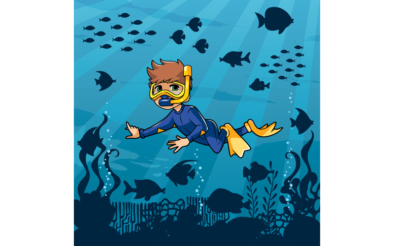 Download Иллюстрация "Diver Boy Undersea 2 - Illustration" / Diver Boy Undersea 2 - Illustration - Иллюстрация на тему графика boy,child,kid,diving,diver,snorkeling,swimming,vacation,summer,suit,neoprene,mask,fins,hobby,silhouette,illustration,swim fins,aquatic,sea,water