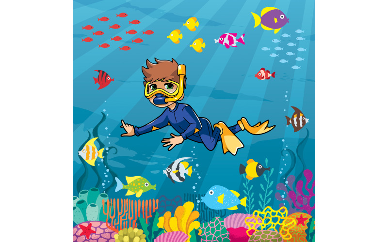 Download Иллюстрация "Diver Boy Undersea - Illustration" / Diver Boy Undersea - Illustration - Иллюстрация на тему графика boy,child,kid,diving,diver,snorkeling,swimming,vacation,summer,suit,neoprene,mask,fins,hobby,illustration,swim fins,aquatic,sea,water,snorkel