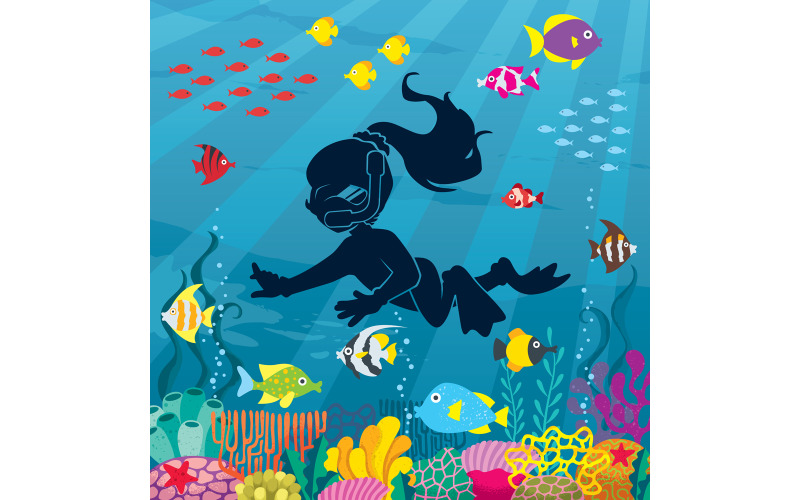 Download Иллюстрация "Diver Girl Undersea - Illustration" / Diver Girl Undersea - Illustration - Иллюстрация на тему графика girl,child,kid,diving,diver,snorkeling,swimming,vacation,summer,suit,neoprene,mask,fins,hobby,illustration,swim fins,aquatic,sea,water,snorkel