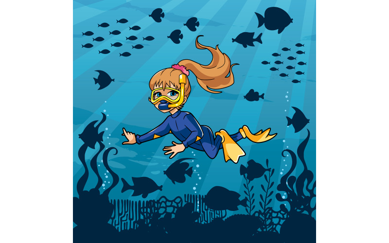 Download Иллюстрация "Diver Girl Undersea - Illustration" / Diver Girl Undersea - Illustration - Иллюстрация на тему графика girl,child,kid,diving,diver,snorkeling,swimming,vacation,summer,suit,neoprene,mask,fins,hobby,illustration,swim fins,aquatic,sea,water,snorkel