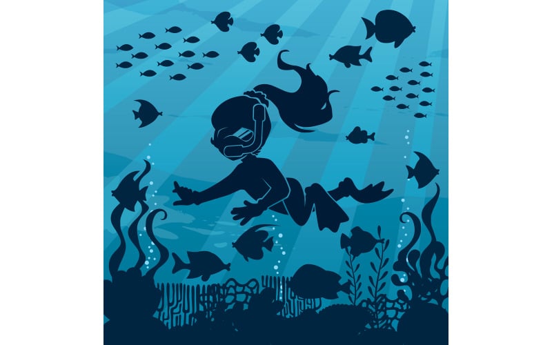 Download Иллюстрация "Diver Girl Undersea - Illustration" / Diver Girl Undersea - Illustration - Иллюстрация на тему графика girl,child,kid,diving,diver,snorkeling,swimming,vacation,summer,suit,neoprene,mask,fins,hobby,illustration,swim fins,aquatic,sea,water,snorkel