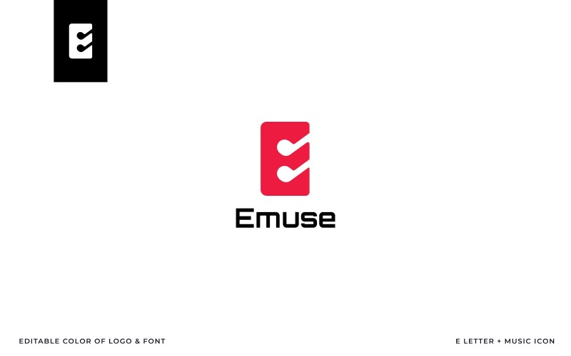Modèle de logo Emuse (lettre E + icône de la musique)