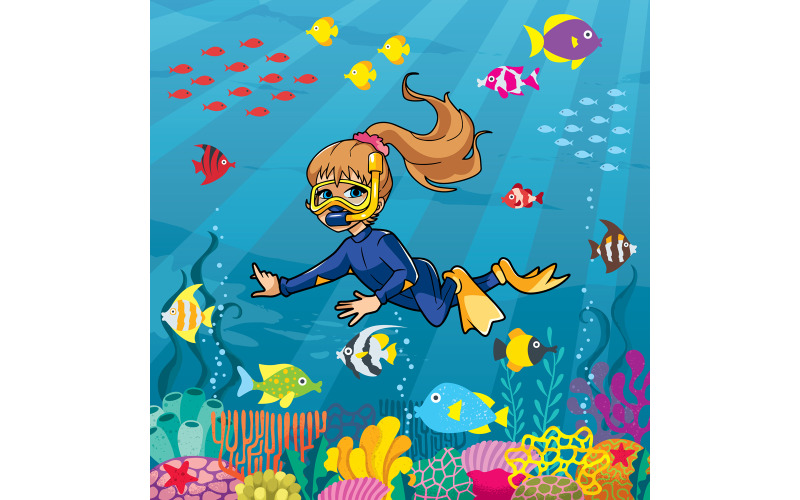 Potápěčská dívka podmořská - ilustrace