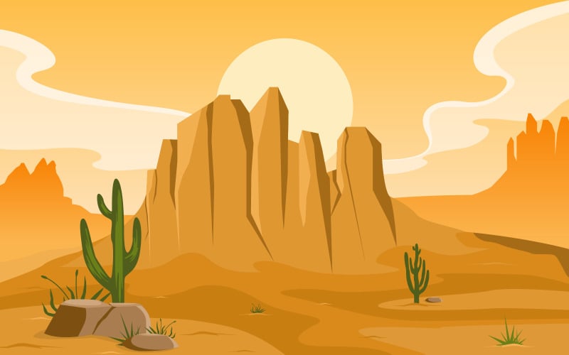 American Desert with Cactus Horizon Landscape - Illustration