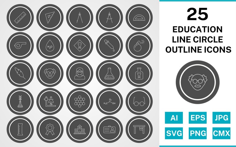 25 Conjunto de ícones de contorno de círculo de glifo educacional