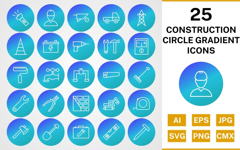 Download Набор иконок "25 Construction Circle Gradient Icon Set" / 25 Construction Circle Gradient Icon Set - Набор иконок на тему industrial set,file,icon,icons,line,circle,vector,sign,symbol,pictogram,gradient,construction,engineer,loader,tools,tool box,drill,paint roller,pipe,saw