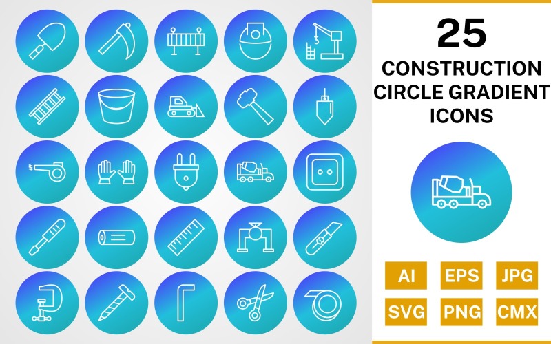 Download Набор иконок "25 Construction Circle Gradient Icon Set" / 25 Construction Circle Gradient Icon Set - Набор иконок на тему industrial set,file,icon,icons,line,circle,vector,sign,symbol,pictogram,gradient,construction,trowel,ladder,bucket,vise,ruler,helmet,hammer,bulldozer