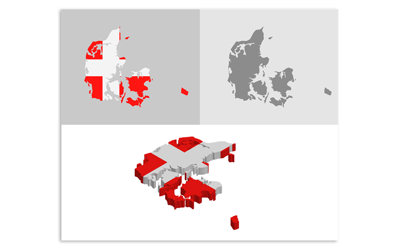 3D a plochá mapa Dánska - vektorový obrázek