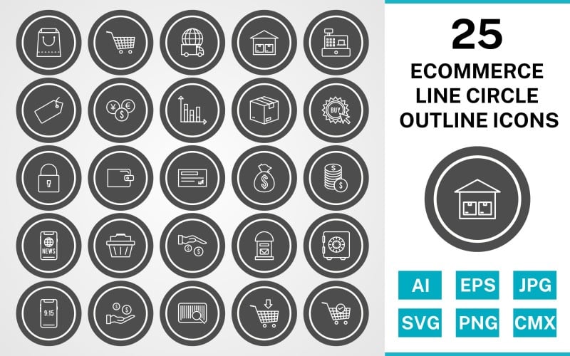 Download Набор иконок "25 Ecommerce Line Circle Outline Icon Set" / 25 Ecommerce Line Circle Outline Icon Set - Набор иконок на тему shopping set,file,icon,icons,line,vector,sign,symbol,pictogram,circle,outline,ecommerce,buy,security,tag,vault,add to cart,payment,basket,cheque