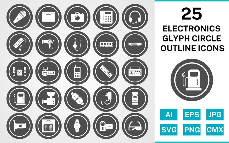25 elektronische apparaten Glyph Circle Outline Icon Set
