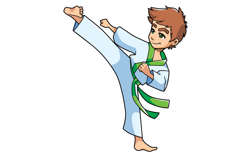 Download Иллюстрация "Karate Kick Boy - Illustration" / Karate Kick Boy - Illustration - Иллюстрация на тему графика boy,karate,martial arts,sport,exercising,kid,child,green belt,suit,stance,defense,fighter,control,discipline,kick,balance,combat,fight,flexibility,leg