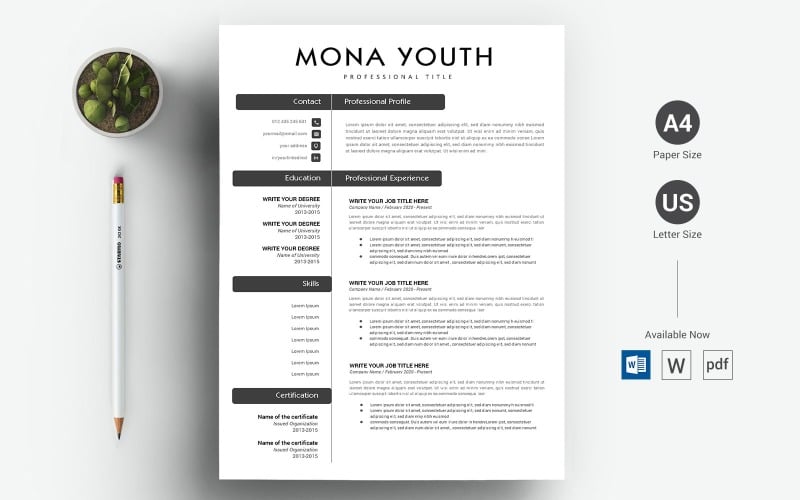 Download Резюме "Mona Youth - CV Resume Template" / Mona Youth - CV Resume Template - Резюме на тему графика a4,black resume,bright,clean,cv,cover letter,creative,curriculum vitae,design,template,docx,editable,elegant,job,light,minimal,word,modern,new,resume