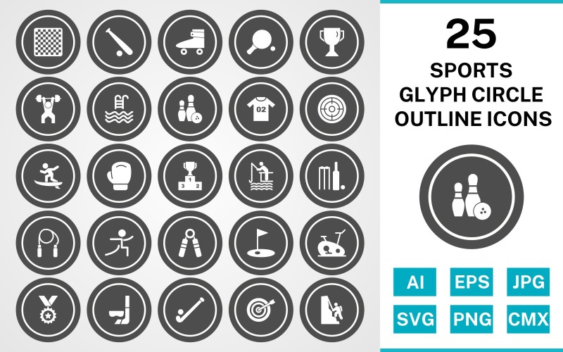 Download Набор иконок "25 Sports And Games Glyph Circle Outline Icon Set" / 25 Sports And Games Glyph Circle Outline Icon Set - Набор иконок на тему sports set,file,icon,icons,glyph,vector,sign,symbol,pictogram,circle,outline,sports,games,chess,goal,yoga,bowling,boxing,bullseye,hockey