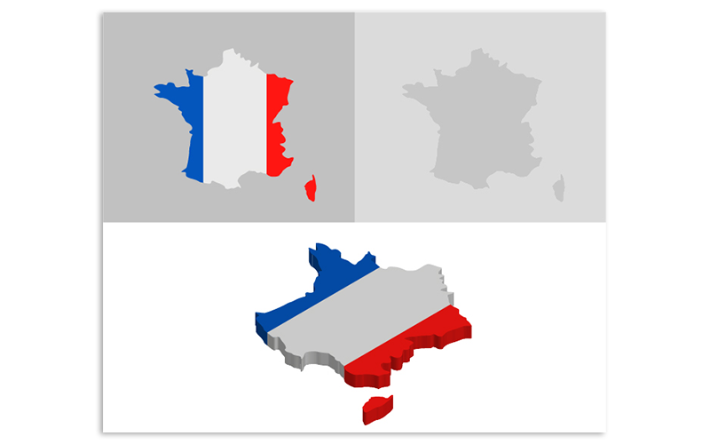 Трехмерная и плоская карта Франции - векторное изображение