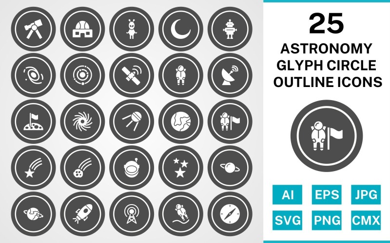 Download Набор иконок "25 Astronomy Glyph Circle Outline Icon Set" / 25 Astronomy Glyph Circle Outline Icon Set - Набор иконок на тему science set,file,icon,icons,glyph,vector,sign,symbol,pictogram,circle,outline,astronomy,astronout,galaxy,telescope,stars,compass,falling star,space station,solar system