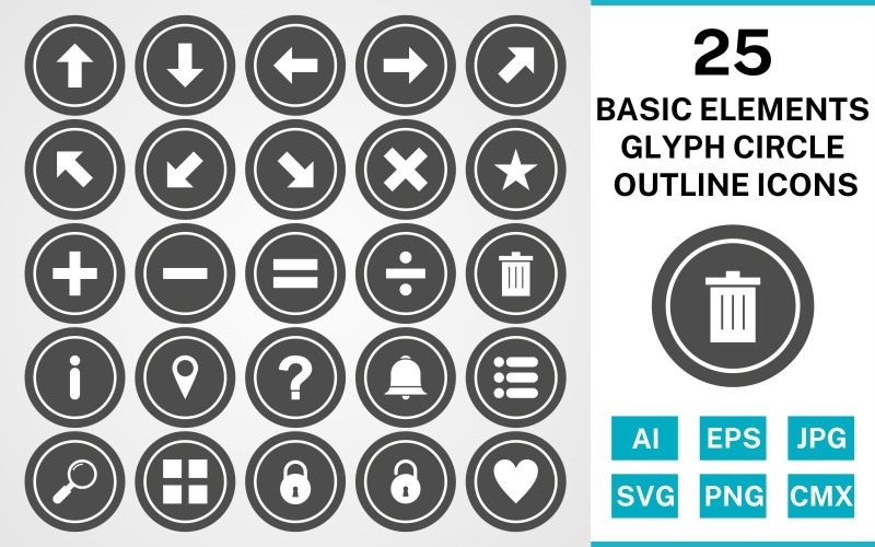 Download Набор иконок "25 Basic Elements Glyph Circle Outline Icon Set" / 25 Basic Elements Glyph Circle Outline Icon Set - Набор иконок на тему data set,file,icon,icons,glyph,vector,sign,symbol,pictogram,circle,outline,basic elements,up,down,apps,lock,list,minus,delete,divide