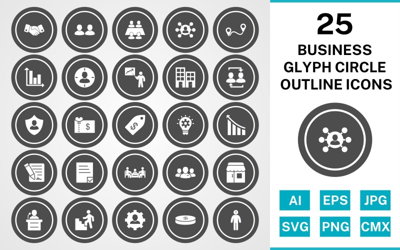 Download Набор иконок "25 Business Glyph Circle Outline Icon Set" / 25 Business Glyph Circle Outline Icon Set - Набор иконок на тему business set,file,icon,icons,glyph,vector,sign,symbol,pictogram,circle,outline,business,office,shop,speech,decison making,route,handshake,management,working team