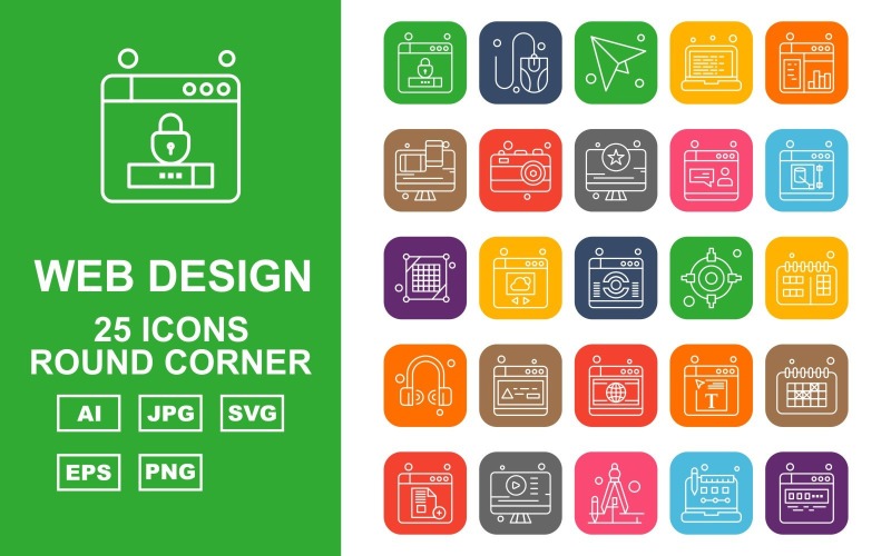 25 Conjunto de ícones Premium Web Design e Desenvolvimento Round Corner Pack