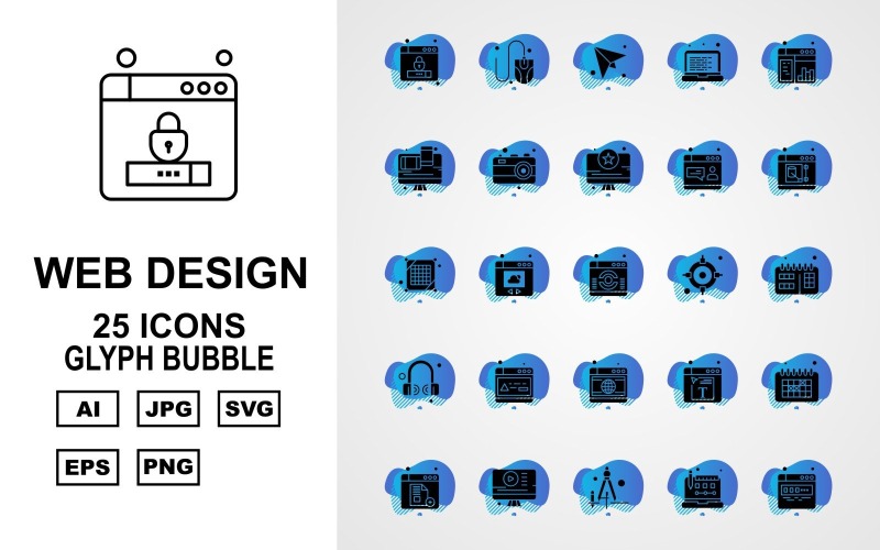 25 Conjunto de iconos de paquete de burbujas de glifos de desarrollo y ...