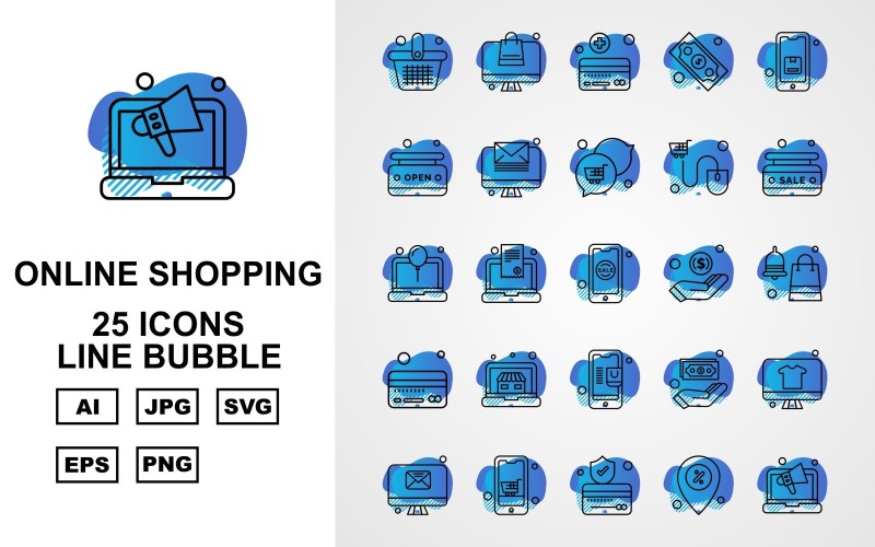 Conjunto de iconos de paquete de burbujas de línea de compras en línea premium 25