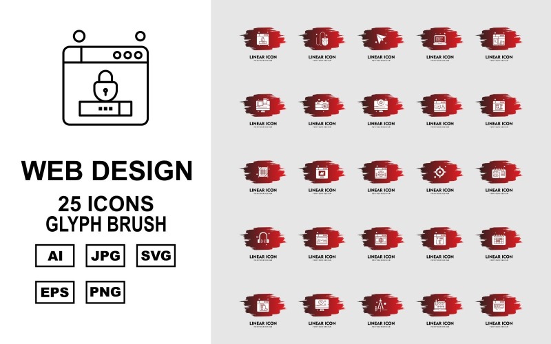 25 Conjunto de iconos de paquete de cepillo de glifos de diseño y desarrollo web premium