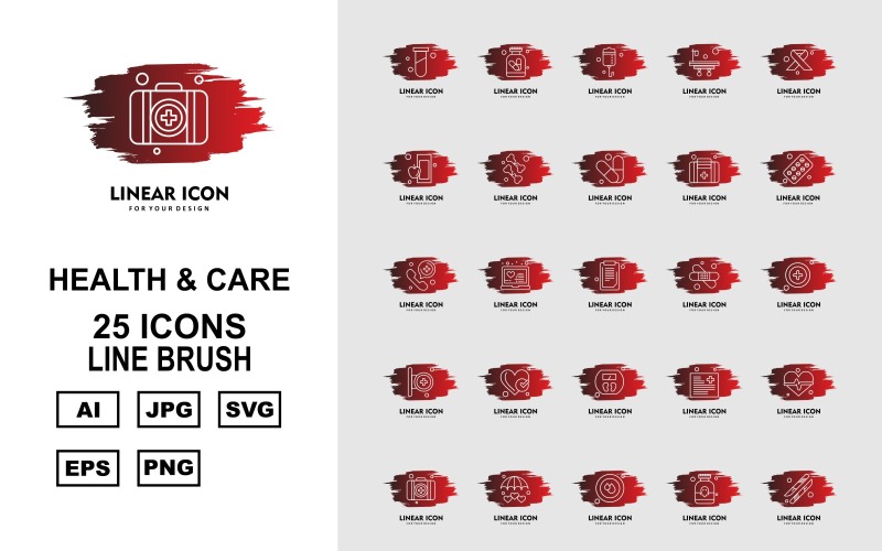 Conjunto de iconos de paquete de cepillo de línea de salud y cuidado 25 premium