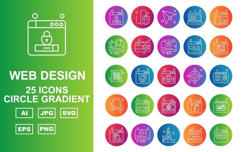 25 Conjunto de iconos de paquete degradado de círculo de diseño y desarrollo web premium