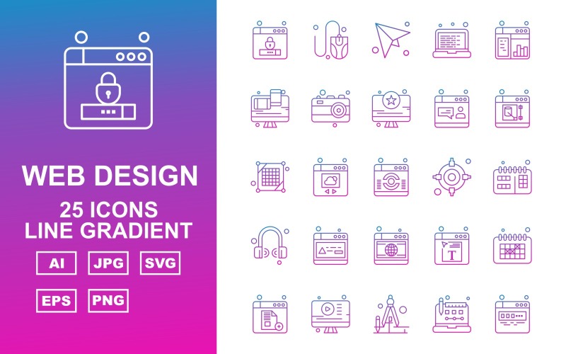 Conjunto de iconos de paquete degradado de línea azul de diseño y desarrollo web premium 25