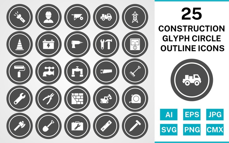 Download Набор иконок "25 Construction Glyph Circle Outline Icon Set" / 25 Construction Glyph Circle Outline Icon Set - Набор иконок на тему industrial set,file,icon,icons,glyph,vector,sign,symbol,pictogram,circle,outline,construction,engineer,loader,tools,tool box,drill,paint roller,pipe,saw