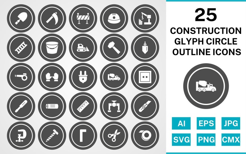 Download Набор иконок "25 Construction Glyph Circle Outline Icon Set" / 25 Construction Glyph Circle Outline Icon Set - Набор иконок на тему industrial set,file,icon,icons,glyph,vector,sign,symbol,pictogram,circle,outline,construction,trowel,ladder,bucket,vise,ruler,helmet,hammer,bulldozer