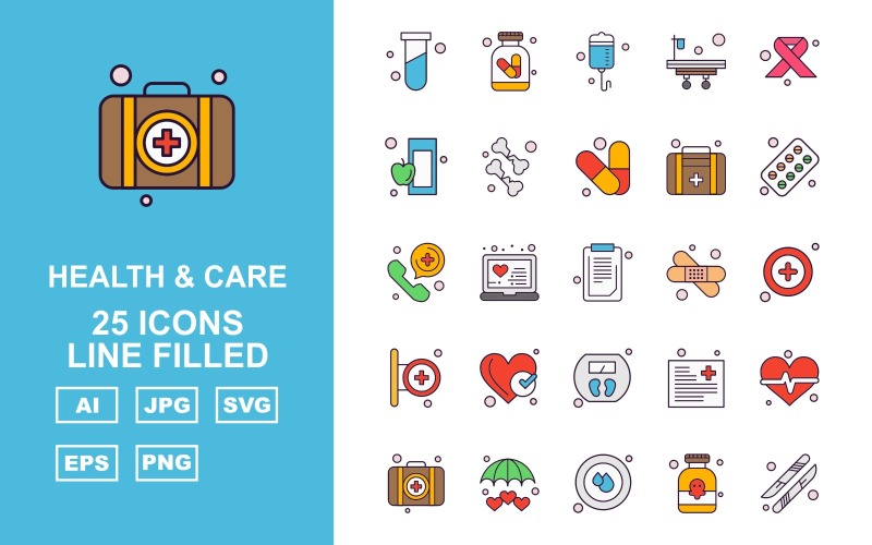 Ensemble d'icônes rempli de 25 lignes de soins et de santé premium