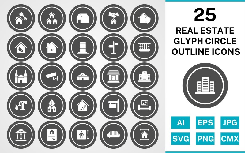 25 onroerend goed Glyph Circle Outline Icon Set