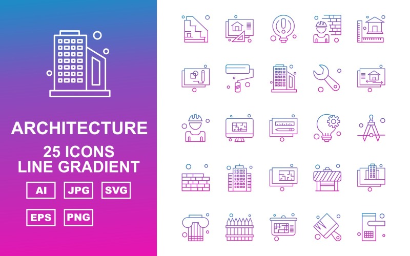 Download Набор иконок "25 Premium Architecture Line Gradient Pack Icon Set" / 25 Premium Architecture Line Gradient Pack Icon Set - Набор иконок на тему city career,led,barrier,building,column,fence,analytics,architecture,art,bulb,brick,roll,wrench,home,construction worker,pencil,drawing compass,bricks,icon,icons