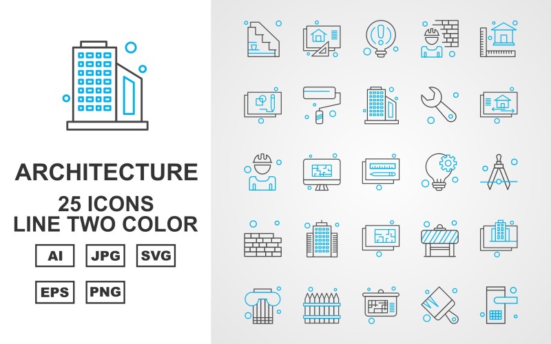 Download Набор иконок "25 Premium Architecture Line Two Color Pack Icon Set" / 25 Premium Architecture Line Two Color Pack Icon Set - Набор иконок на тему city career,led,barrier,building,column,fence,analytics,architecture,art,bulb,brick,roll,wrench,home,construction worker,pencil,drawing compass,bricks,icon,icons