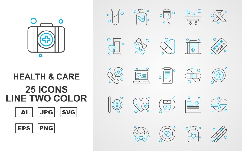 25 prémium egészségügyi és gondozási vonal két színű csomag ikon készlet