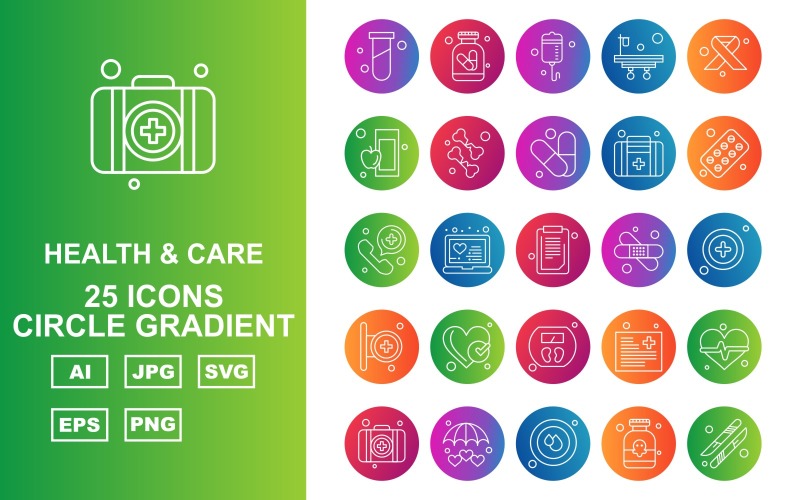 Download Набор иконок "25 Premium Health And Care Circle Gradient Pack Icon Set" / 25 Premium Health And Care Circle Gradient Pack Icon Set - Набор иконок на тему medical test tube,laptop,file,heart beat,briefcase,umbrella,blood drop,scalpel,drip,bed,symbolic cancer ribbon,apple,bone,medical,tablet,telephone,document,bandage,icon,icons