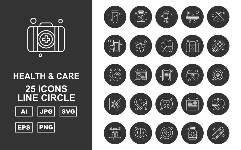 Download Набор иконок "25 Premium Health And Care Line Circle Pack Icon Set" / 25 Premium Health And Care Line Circle Pack Icon Set - Набор иконок на тему medical test tube,laptop,file,heart beat,briefcase,umbrella,blood drop,scalpel,drip,bed,symbolic cancer ribbon,apple,bone,medical,tablet,telephone,document,bandage,icon,icons