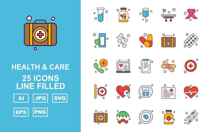 Download Набор иконок "25 Premium Health And Care Line Filled Icon Pack Set" / 25 Premium Health And Care Line Filled Icon Pack Set - Набор иконок на тему medical test tube,laptop,file,heart beat,briefcase,umbrella,blood drop,scalpel,drip,bed,symbolic cancer ribbon,apple,bone,medical,tablet,telephone,document,bandage,icon,icons