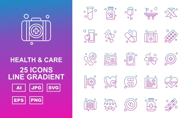 Download Набор иконок "25 Premium Health And Care Line Gradient Pack Icon Set" / 25 Premium Health And Care Line Gradient Pack Icon Set - Набор иконок на тему medical test tube,laptop,file,heart beat,briefcase,umbrella,blood drop,scalpel,drip,bed,symbolic cancer ribbon,apple,bone,medical,tablet,telephone,document,bandage,icon,icons