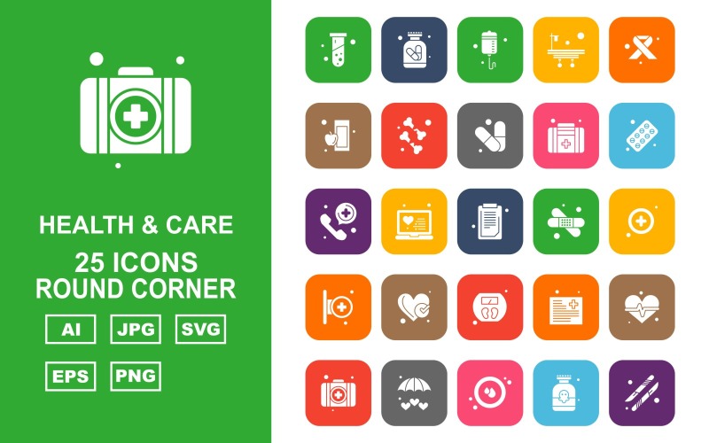 Download Набор иконок "25 Premium Health And Care Round Corner Pack Icon Set" / 25 Premium Health And Care Round Corner Pack Icon Set - Набор иконок на тему medical test tube,laptop,file,heart beat,briefcase,umbrella,blood drop,scalpel,drip,bed,symbolic cancer ribbon,apple,bone,medical,tablet,telephone,document,bandage,icon,icons