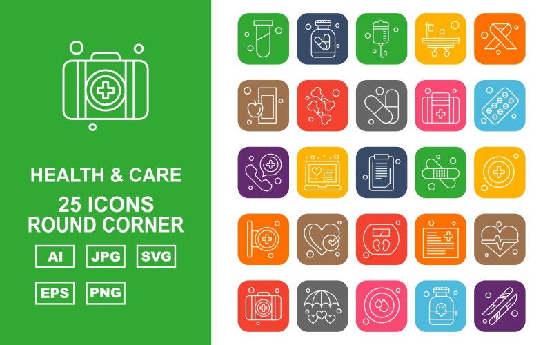 Download Набор иконок "25 Premium Health And Care Round Corner Pack Icon Set" / 25 Premium Health And Care Round Corner Pack Icon Set - Набор иконок на тему medical test tube,laptop,file,heart beat,briefcase,umbrella,blood drop,scalpel,drip,bed,symbolic cancer ribbon,apple,bone,medical,tablet,telephone,document,bandage,icon,icons