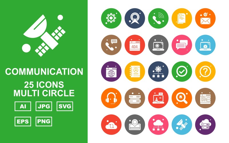 25 Premium netwerk- en communicatie Multi Circle Pack Icon Set