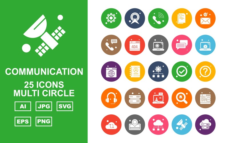 Download Набор иконок "25 Premium Network And Communication Multi Circle Pack Icon Set" / 25 Premium Network And Communication Multi Circle Pack Icon Set - Набор иконок на тему network setting,profile,find,browser,cloud,location,satellite,server,ower signal,telephone,document,email,chat,website,laptop,accept,question mark,headphone,icon,icons
