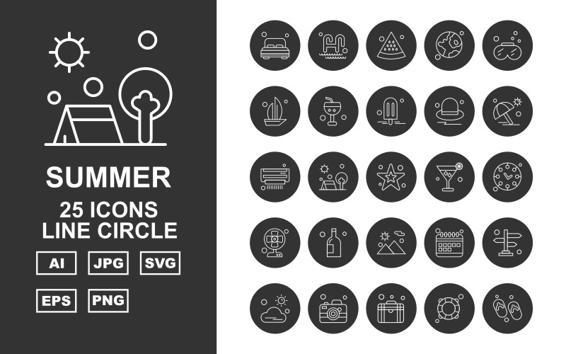 Download Набор иконок "25 Premium Summer II Line Circle Pack Icon Set" / 25 Premium Summer II Line Circle Pack Icon Set - Набор иконок на тему weather bedroom,outdoor,calendar,direction,cloud,camera,briefcase,swimming tube,sandal,swimming pool,watermelon,earth,snorkeling,boat,fruit juice glass,ice cream,cap,umbrella,icon,icons